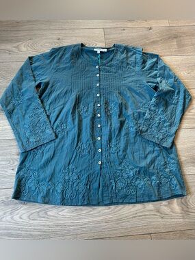 Kyla Seo Embroidered Boho Button-Front Blouse Shirt in Teal Size XL New